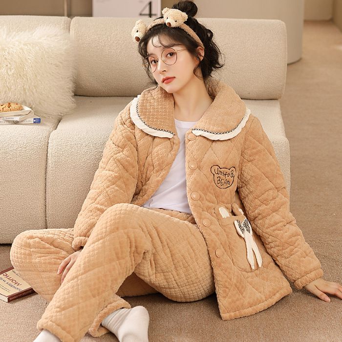 秋冬睡衣女珊瑚绒冬季三层夹棉袄款加厚加绒冬天保暖家居服可外穿