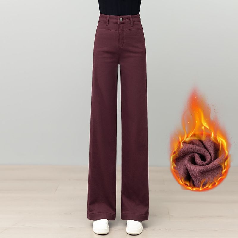加绒安可拉红窄版阔腿牛仔裤女秋冬新款垂感显瘦休闲直筒长裤