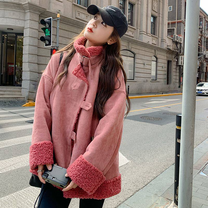 实拍粉色鹿皮绒羊羔毛外套女冬短款加绒加厚炸街皮毛一体机车棉服