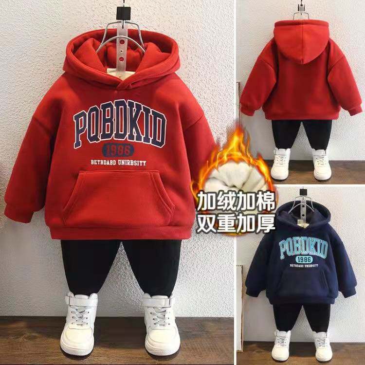 童装冬季男童连帽卫衣加绒加厚冬装中小童一体绒上衣儿童保暖外套