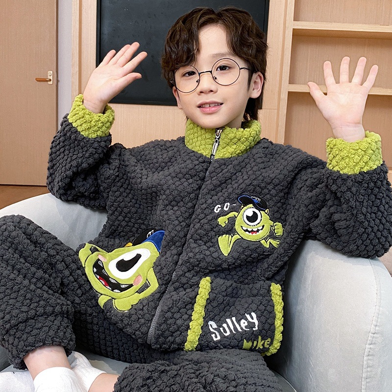 儿童睡衣冬绒男童家居服加绒玫瑰绒宝宝男孩拉链甜美法兰绒套装男