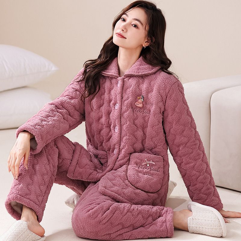 睡衣女冬天加厚三层夹棉加绒保暖珊瑚绒冬季大码女士可外穿家居服