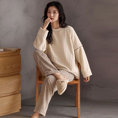 睡衣女秋冬款法兰绒加厚加绒女生冬天珊瑚绒保暖家居服可外穿套装