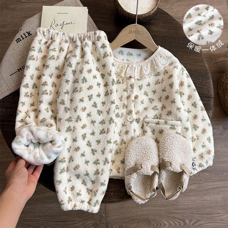 女童宝宝秋冬季保暖家居服新款套装秋冬花边儿童睡衣加绒加厚碎花