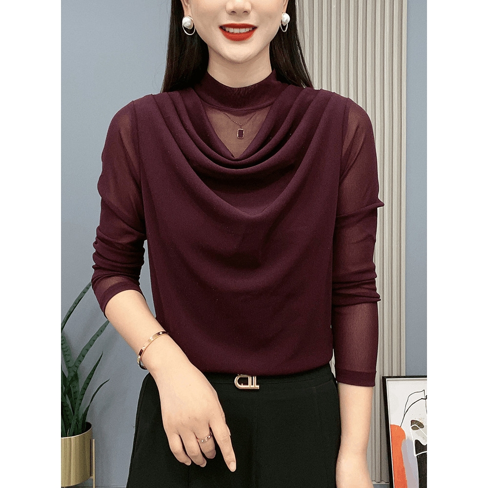 秋季打底衫女新款时尚半高领堆堆领长袖t恤女士弹力网纱上衣