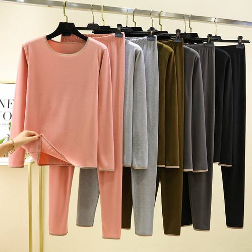 德绒圆领长袖保暖内衣套装女秋冬薄绒秋衣秋裤内穿打底两件套