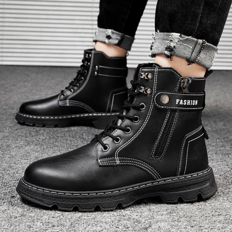 2025春季新款高帮男鞋系带马丁靴休闲机车靴英伦潮流时尚工装靴子