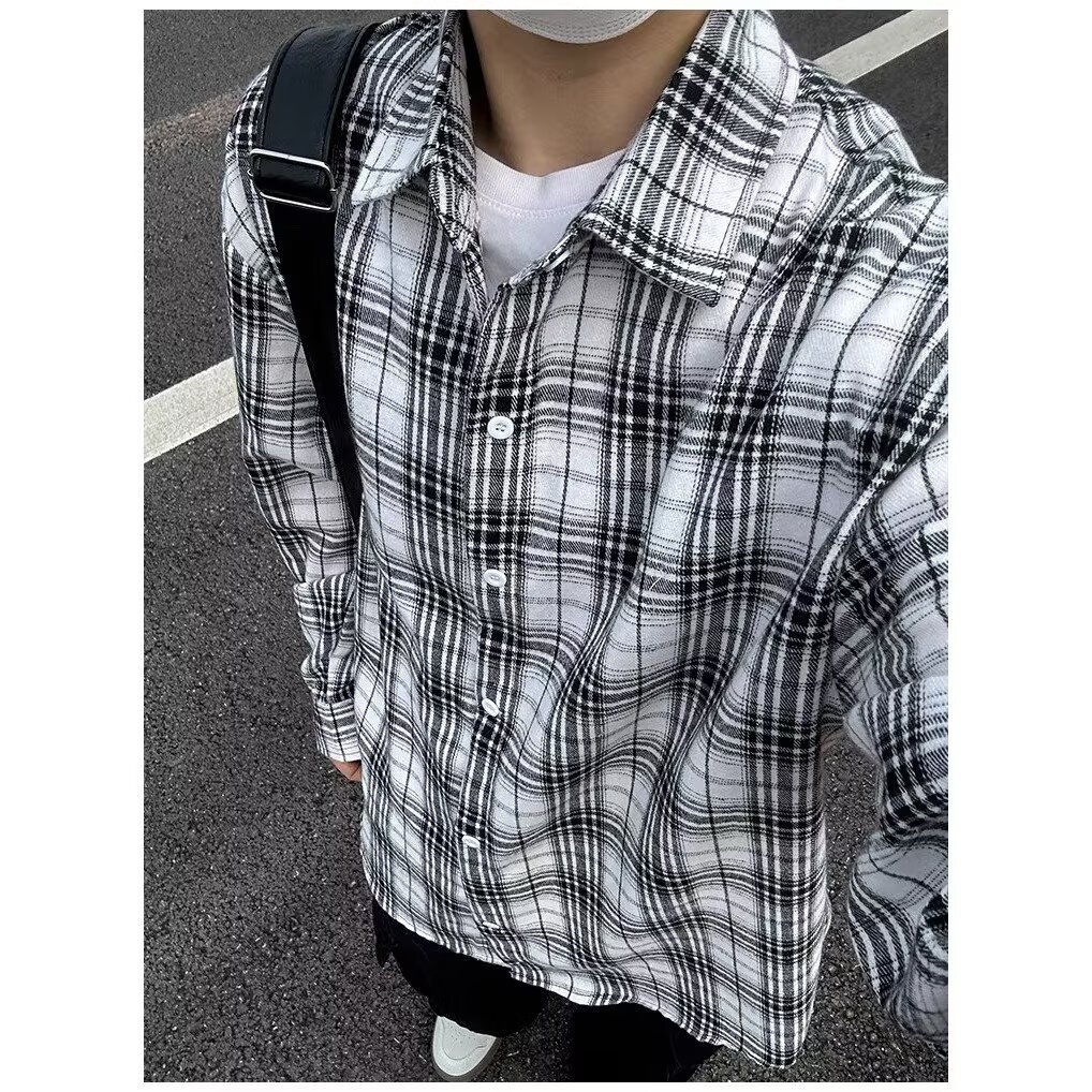 黑白格子学院风衬衫开衫外搭冷淡系高级感衬衣男长袖深秋美式外套