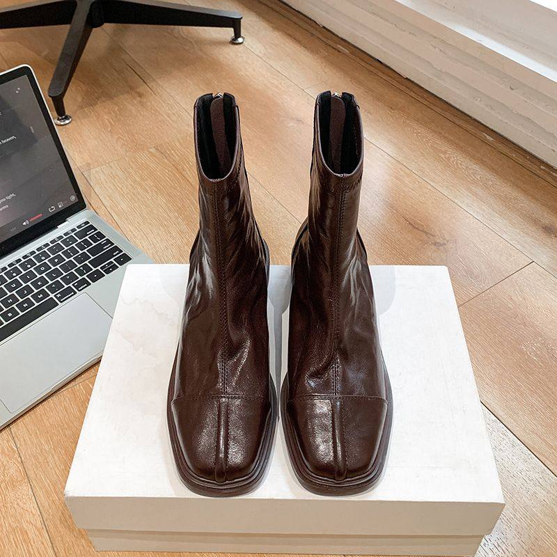 内增高7cm切尔西短靴女复古褶皱水洗牛皮粗跟女方头英伦风骑士靴