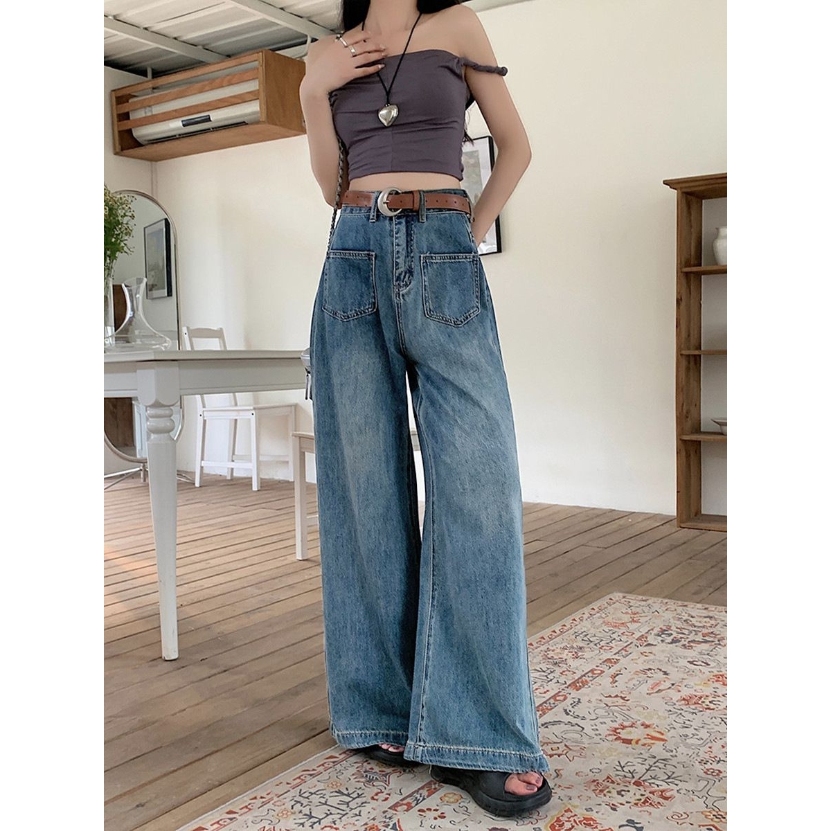 高腰牛仔阔腿裤女秋冬年新款显瘦宽松小个子垂感拖地直筒裤子