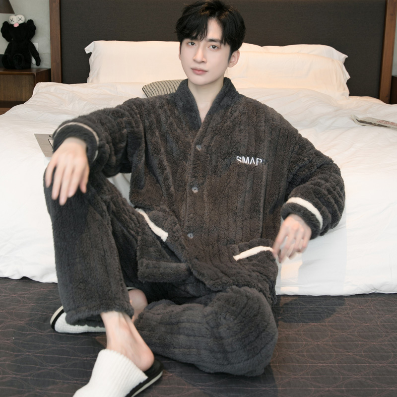 睡衣男秋冬季珊瑚绒加厚加绒保暖大码可出门套装冬天法兰绒家居服