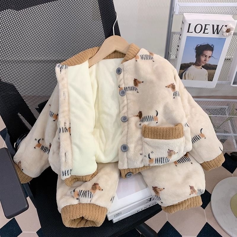 儿童珊瑚绒睡衣秋冬季加绒加厚男童女童法兰绒家居服套装宝宝保暖