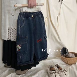 2025秋冬新款女童中小童加绒牛仔工装裤刺绣百搭阔腿韩版加绒保暖