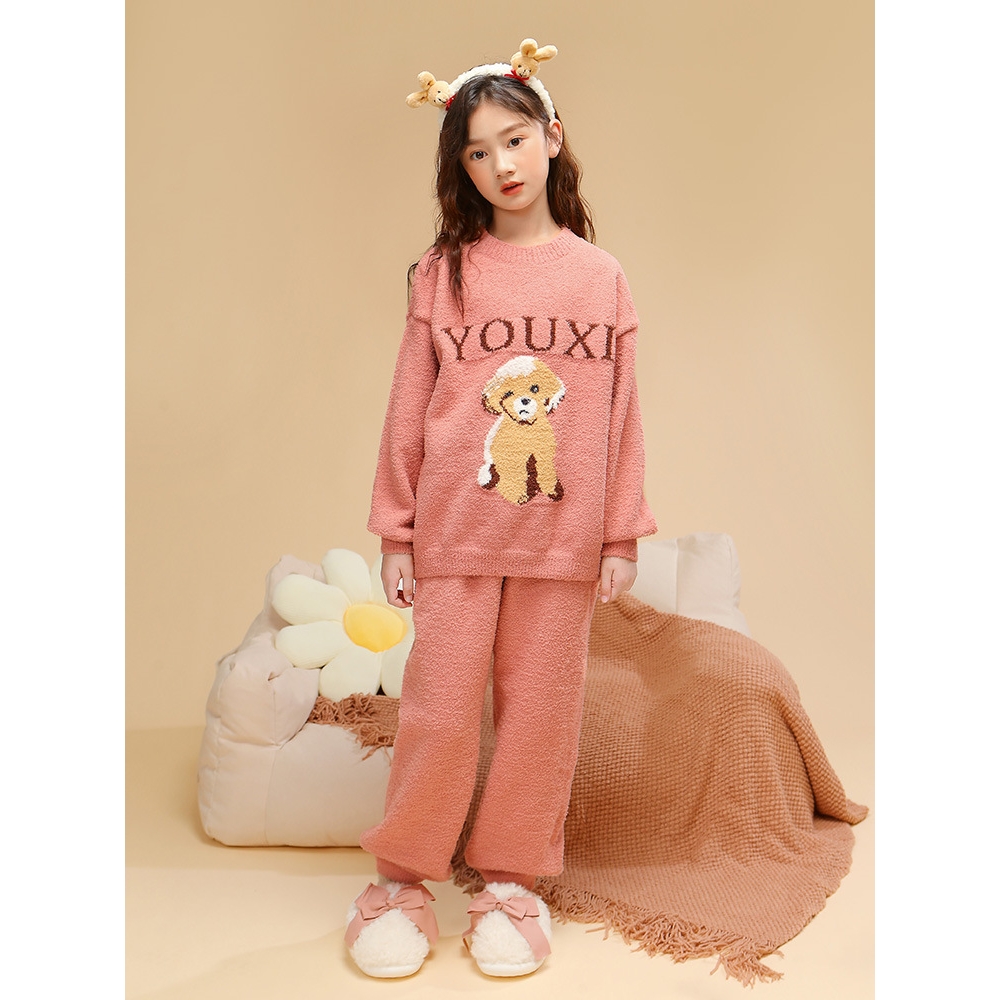 舒适珊瑚睡衣儿童睡衣女睡裤絨加厚保暖两件套童家居套装可爱宽松