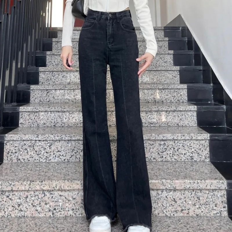 美式复古黑色微喇叭牛仔裤女设计感小众高腰显瘦宽松阔腿拖地裤子