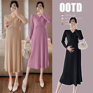 连衣裙哺乳 宽松毛衣百褶孕妇装 春秋显瘦新款 针织气质百搭时尚