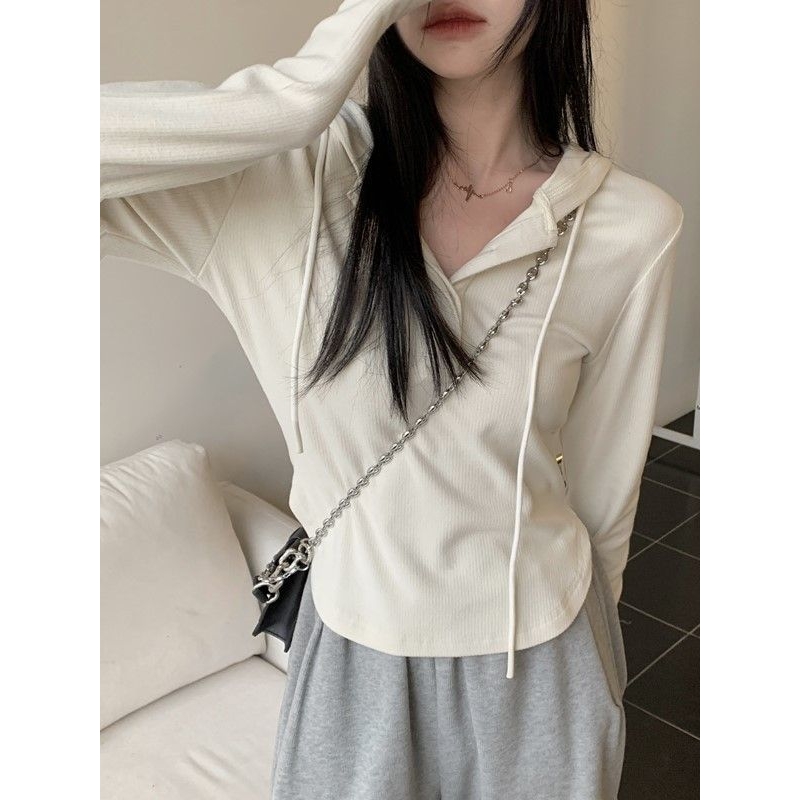 白色连帽t恤女春秋内搭新款设计感小众修身显瘦鱼骨卫衣长袖上衣