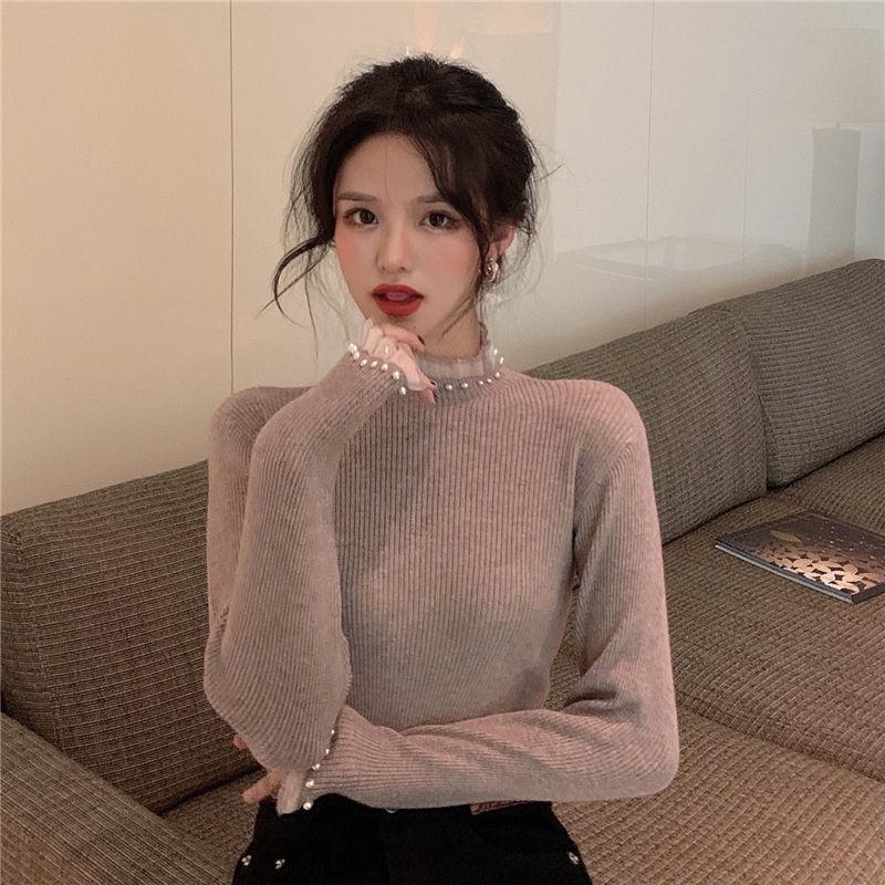 花边拼接修身珍珠毛衣女内搭秋冬设计打底长袖针织衫上衣针织高领