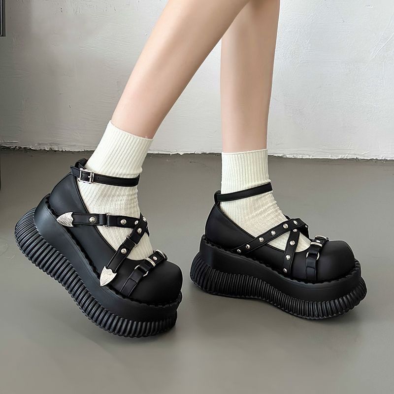 黑色厚底小皮鞋女2025新款增高女鞋粗跟玛丽珍鞋子春高跟鞋乐福鞋