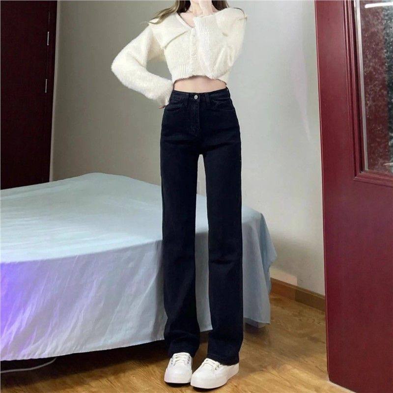 2025年新款秋冬窄版直筒裤黑色牛仔裤女高腰显瘦弹性阔腿牛仔裤子,女装/女士精品,大码裤装,淘宝优惠券,粉丝福利购,淘宝优惠卷