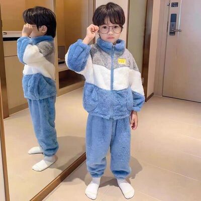 儿童秋冬季保暖睡衣套装宝宝中大童男童外穿加绒加厚珊瑚绒家居服