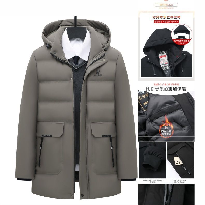 直销新款男冬季商务休闲加厚棉上衣中长款可脱帽加绒保暖棉服
