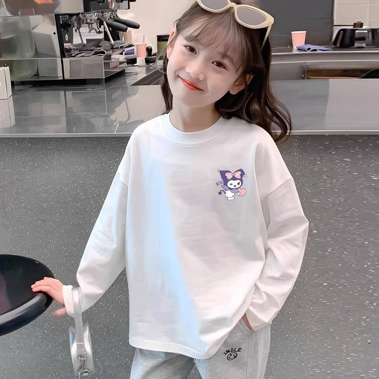 女童装白色纯棉打底衫春秋季宽松洋气长袖中大童T恤内搭百搭上衣