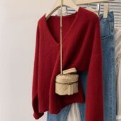 慵懒风高级感针织衫 红色新年v领软乎乎毛衣女秋冬冬季 内搭打底衫
