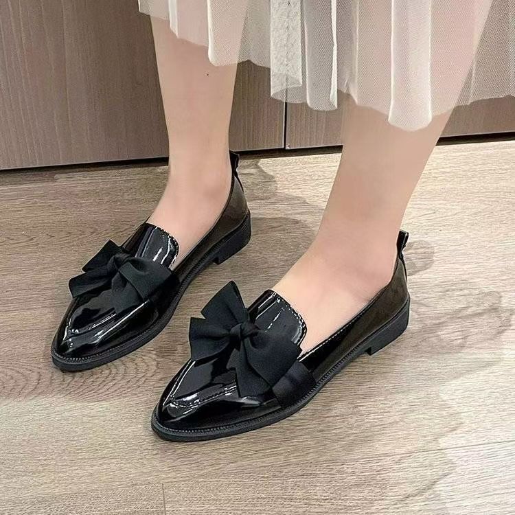 工作鞋粗跟内增高乐福鞋秋季新款蝴蝶结百搭尖头厚底小皮鞋女