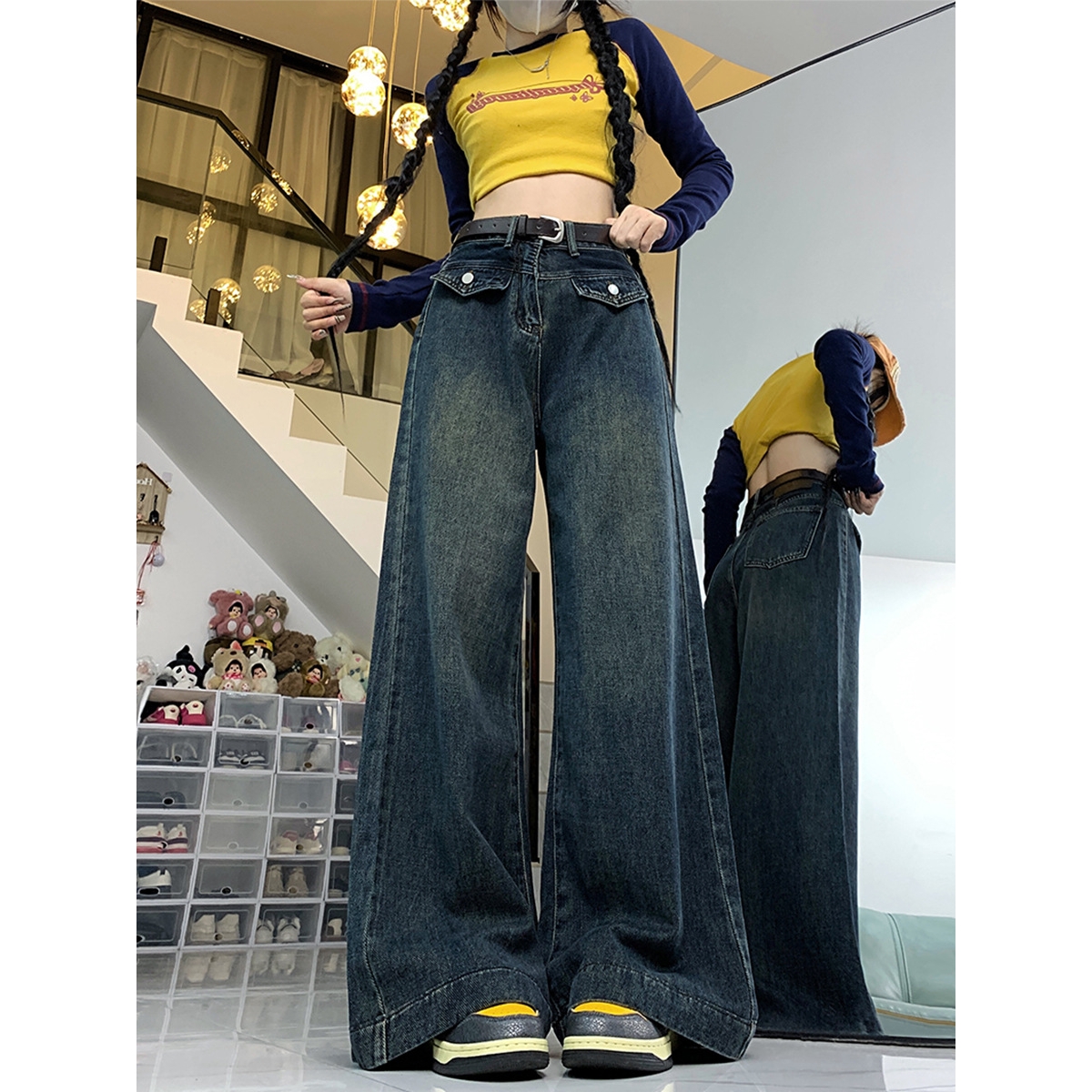 复古大码胖妹妹直筒牛仔裤女秋冬设计感高腰显瘦宽松拖地阔腿裤子