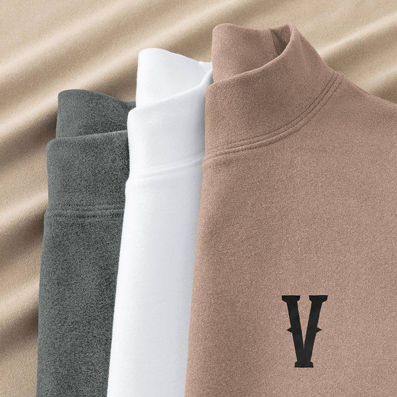 双面德绒t恤男长袖潮流半高领打底衫加绒保暖中领体恤内搭上衣服