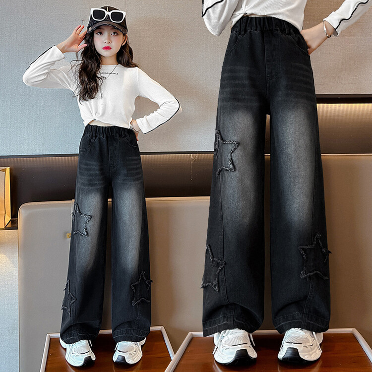 女童春装裤子春秋款新款大童春季时尚绣花直筒阔腿儿童牛仔裤
