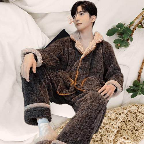 严选今年男款睡衣翻领加绒加厚珊瑚绒保暖冬天睡衣男套装家居冬季