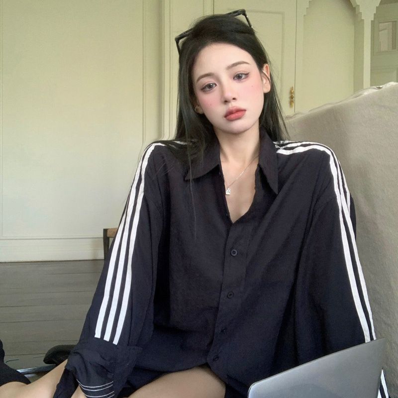 秋百搭运动衬衫短外套女宽松小众条纹修身设计感薄款休闲外穿上衣