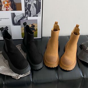 复古百搭厚底切尔西短靴女年新款短靴粗跟弹力磨砂皮马丁靴