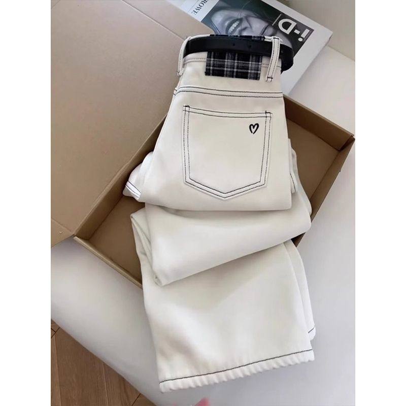 奶白色阔腿宽松高腰牛仔裤女秋冬冬季加绒加厚小个子垂坠拖地长裤