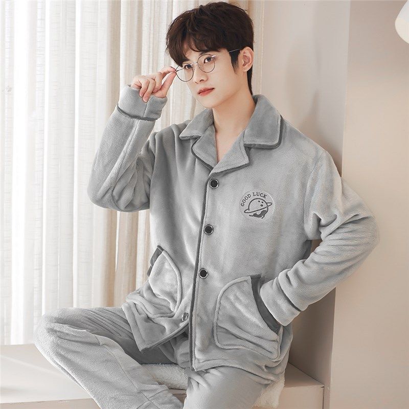 2025睡衣男秋冬天季加厚法兰绒套装珊瑚绒家居服加绒开衫大码保暖