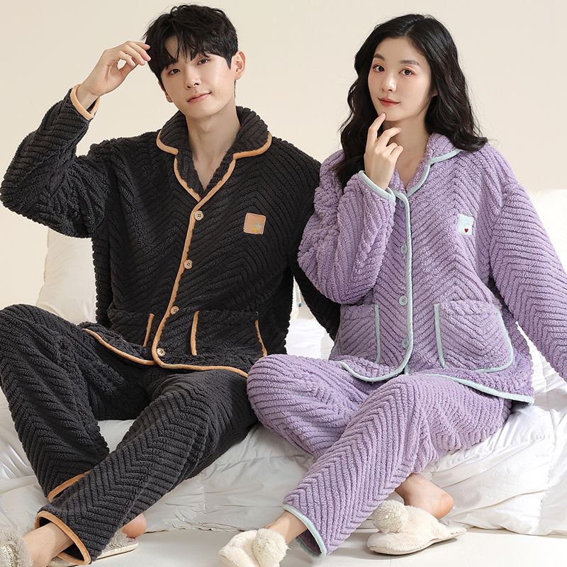 情侣珊瑚绒开衫睡衣秋冬款加绒加厚保暖冬天男女士纯色法兰绒套装