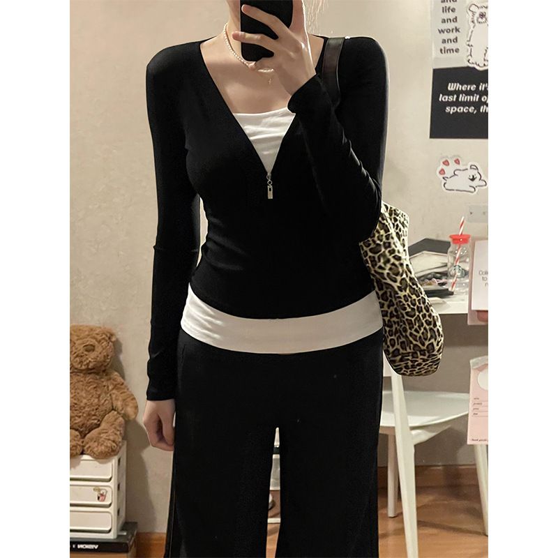 早春韩系黑白撞色内搭打底衫长袖t恤女假两件小众设计感修身上衣
