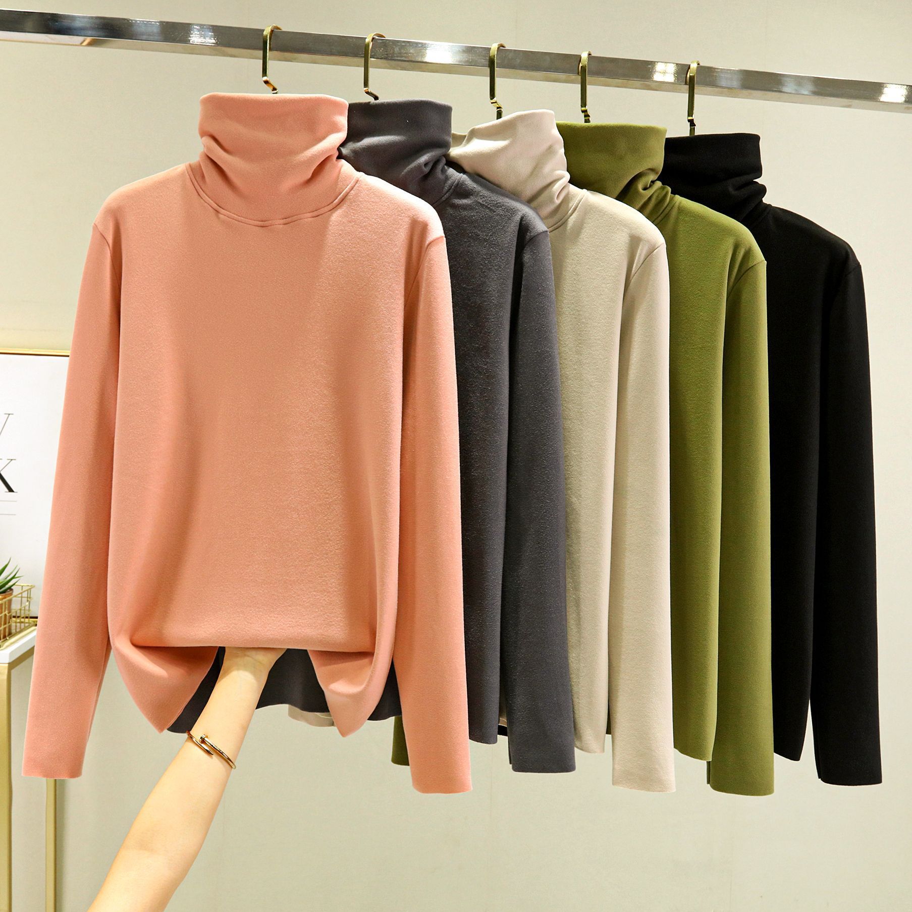 秋冬款德绒堆堆领长袖打底衫磨毛亲肤宽松显瘦t恤气质休闲女上衣