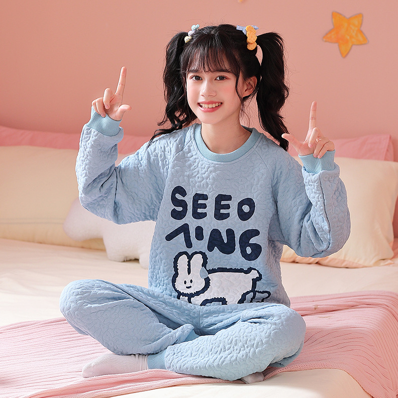 新款儿童睡衣女童春秋季长袖空气棉初中学生宝宝小中大童套装