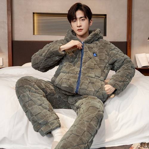 珊瑚绒男士睡衣冬季三层夹棉加绒加厚保暖家居服棉袄套装男可外穿