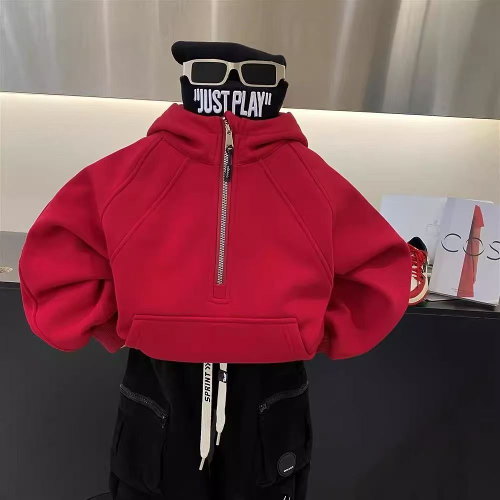 秋冬男女童装卫衣宝宝洋气儿童个性潮韩版红色加绒加厚拉链连帽衫