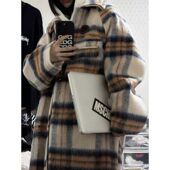 牛角扣毛呢格子外套女秋冬复古设计感小众加厚中长款 过膝妮子大衣