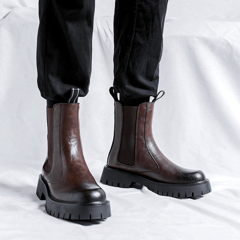 春秋季烟筒切尔西靴男英伦风高帮复古马丁靴男高筒商务厚底皮靴男
