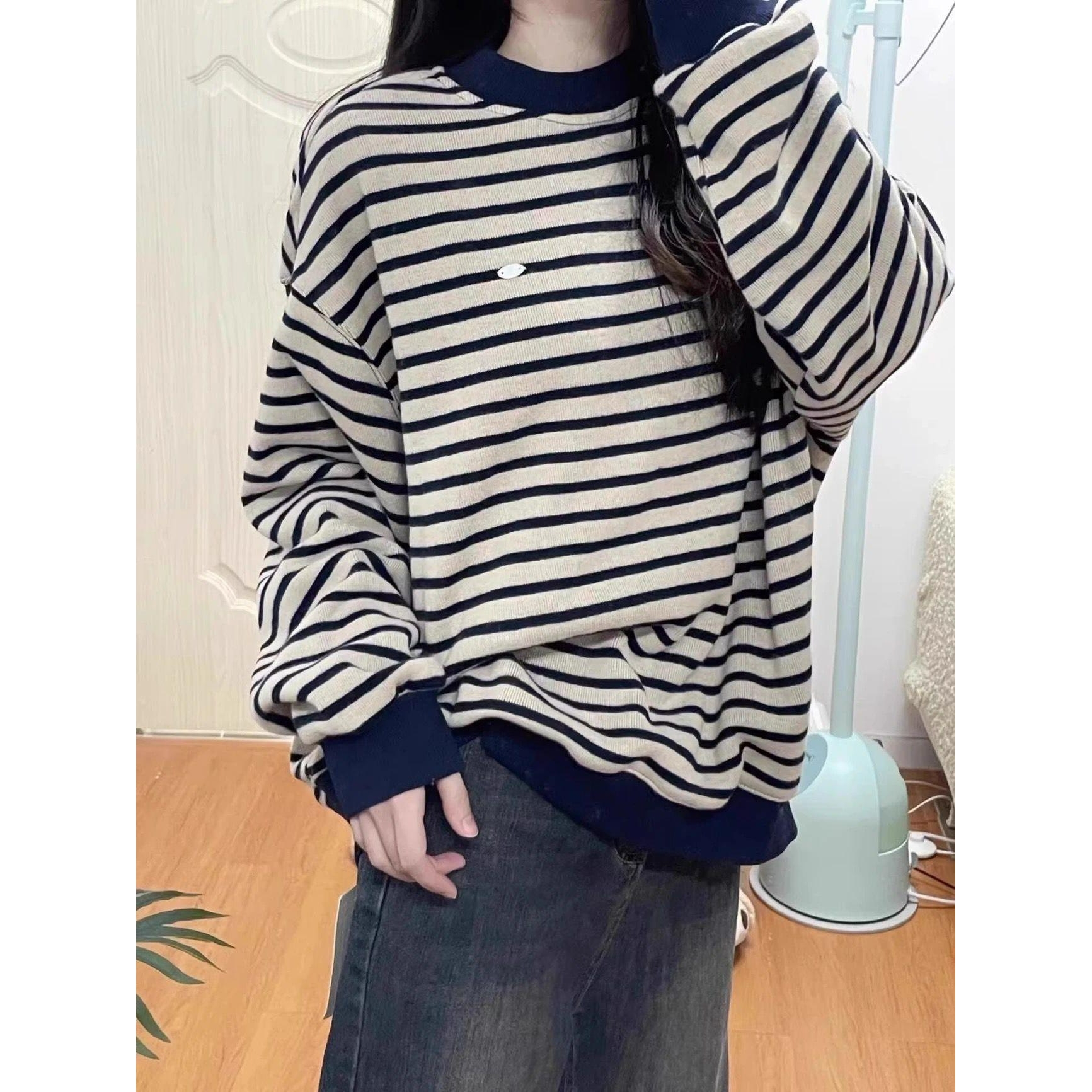 美式复古条纹圆领无帽卫衣女春秋冬新款宽松慵懒风长袖上衣服