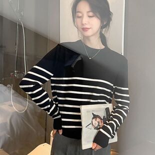 韩版黑白色条纹毛衣女圆领内搭修身秋冬长袖套头上衣潮针织打底衫
