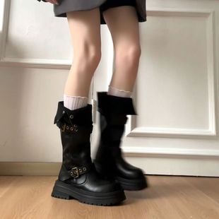 可翻折两穿皮带扣不过膝长筒靴子女秋冬新款 靴潮 中筒厚底时装