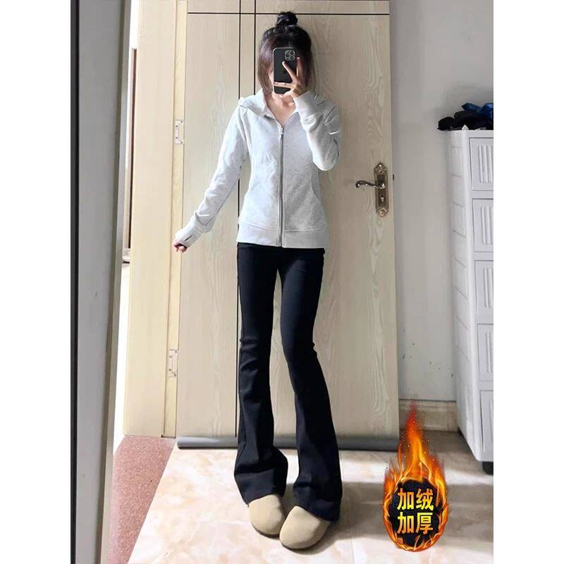 加绒秋冬新款微喇叭牛仔裤女港风复古高腰显瘦百搭弹力修身长裤子