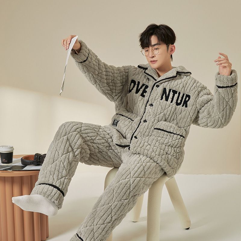 睡衣男士冬季三层夹棉青年保暖加绒加厚男秋冬款家居服套装可外穿